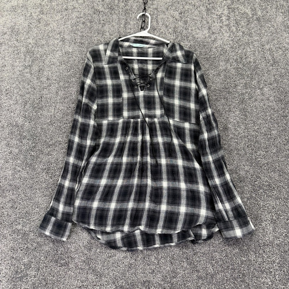 Maurices Shirt Womens XL Gray Plaid Cotton Lace Up Tunic Long Sleeve Fall Casual